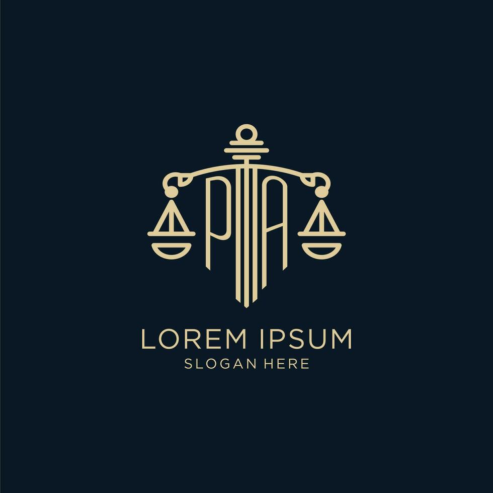 Initial PA logo with shield and scales of justice, luxury and modern law firm logo design vector