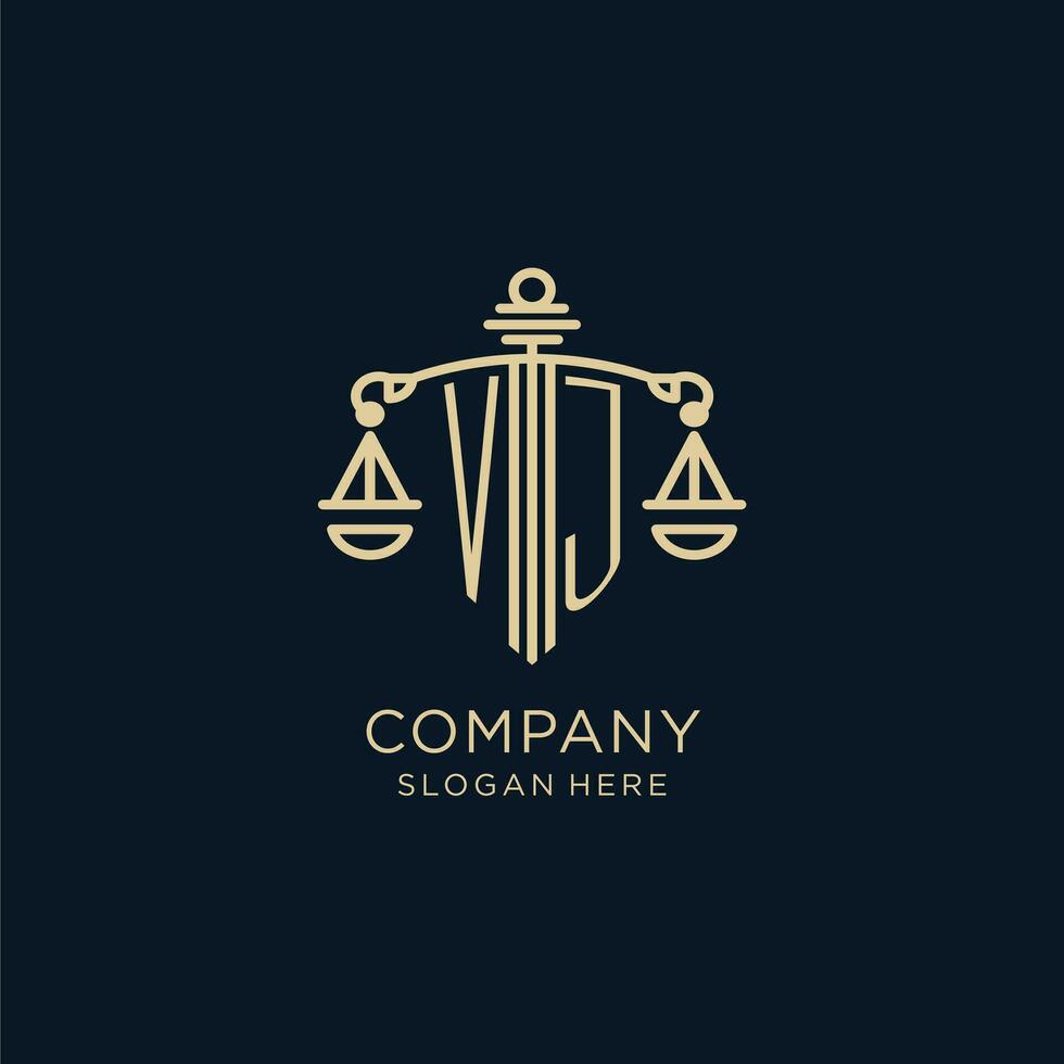 Initial VJ logo with shield and scales of justice, luxury and modern law firm logo design vector