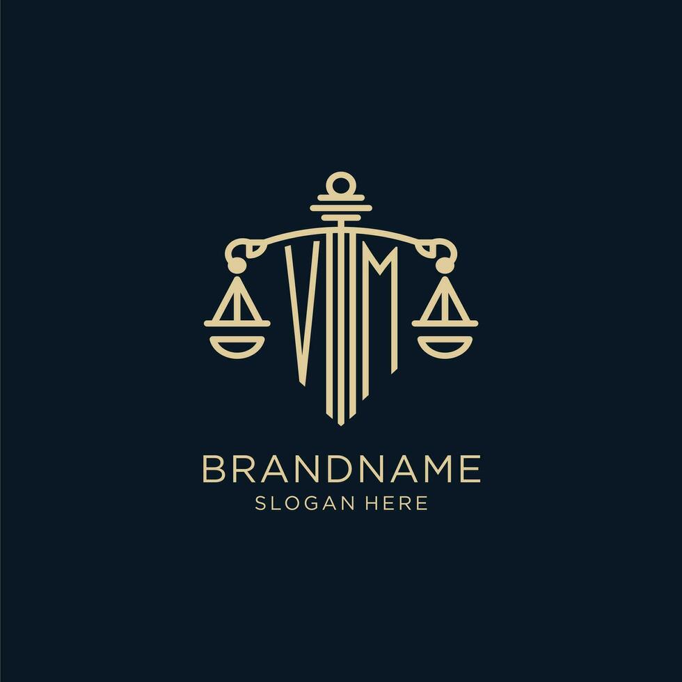 Initial VM logo with shield and scales of justice, luxury and modern law firm logo design vector