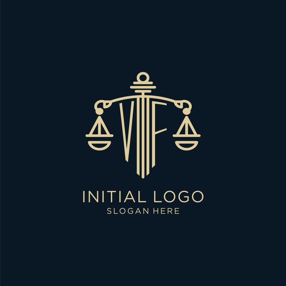 Initial VF logo with shield and scales of justice, luxury and modern law firm logo design vector