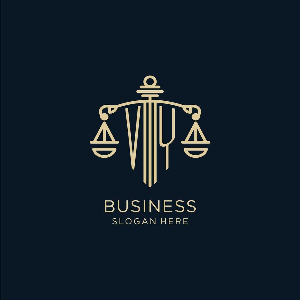 Initial VY logo with shield and scales of justice, luxury and modern law firm logo design vector