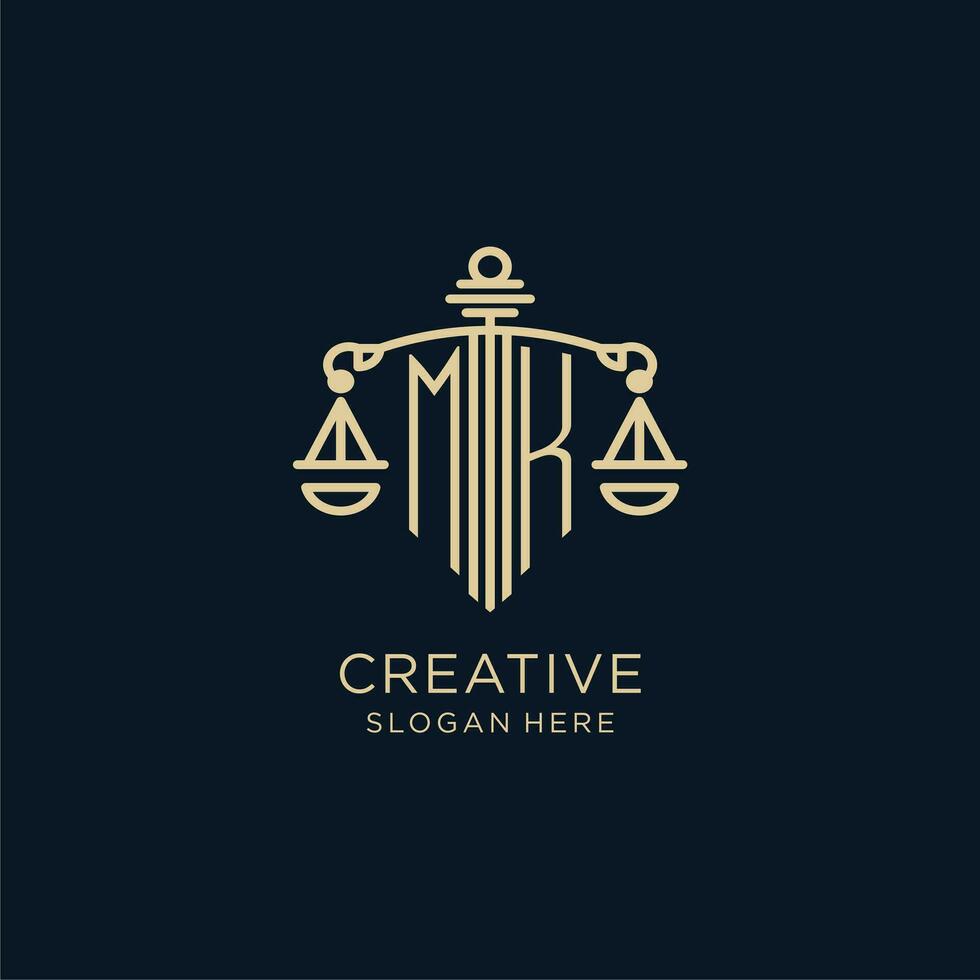 Initial MK logo with shield and scales of justice, luxury and modern law firm logo design vector