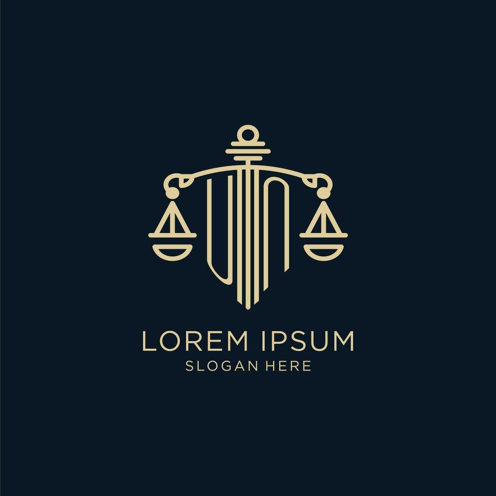 Initial UN logo with shield and scales of justice, luxury and modern law firm logo design vector