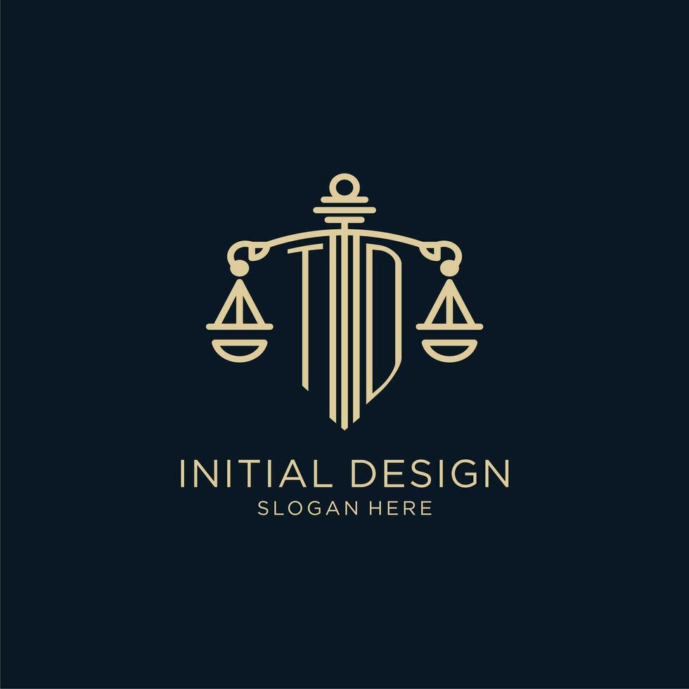 Initial TD logo with shield and scales of justice, luxury and modern law firm logo design vector