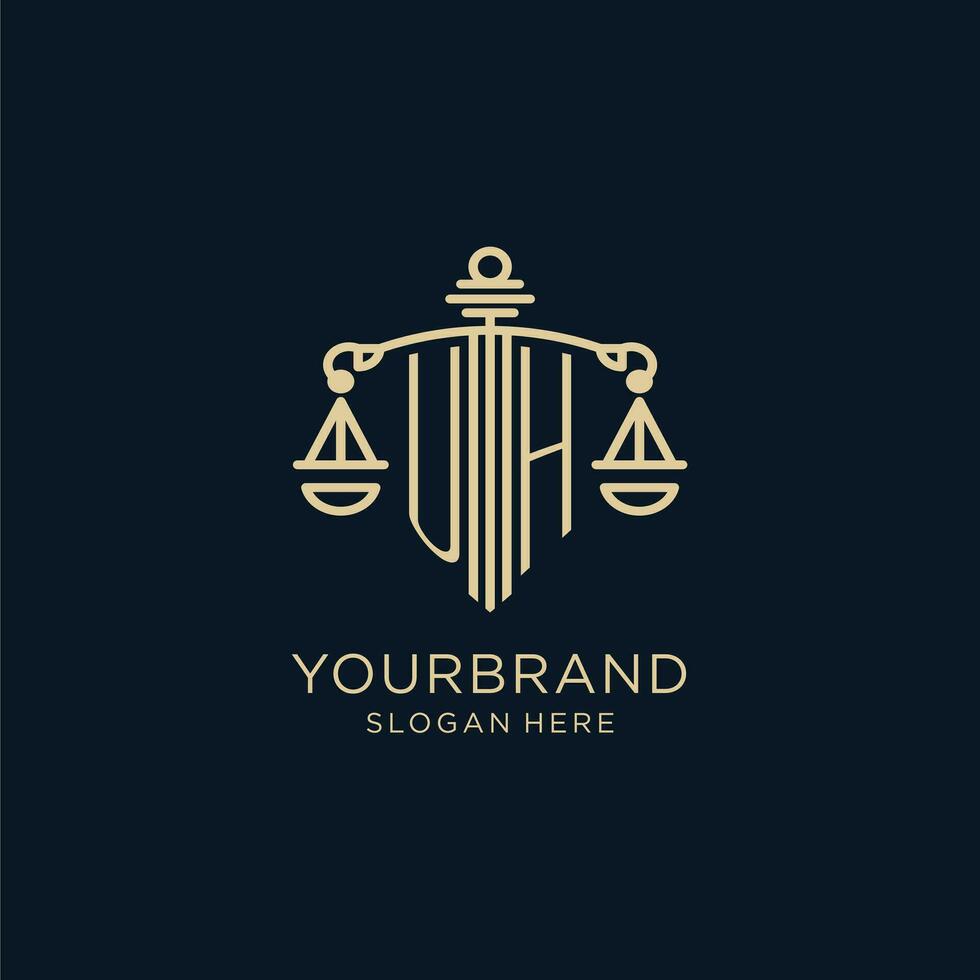 Initial UH logo with shield and scales of justice, luxury and modern law firm logo design vector