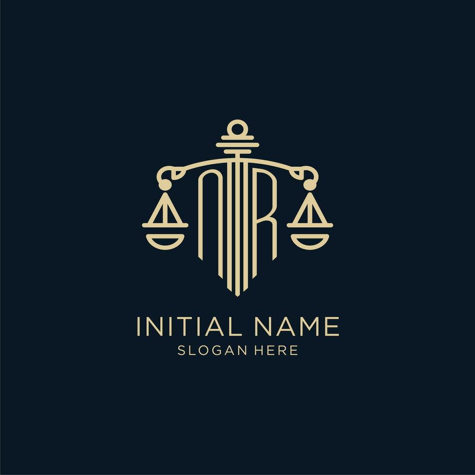 Initial NR logo with shield and scales of justice, luxury and modern law firm logo design vector