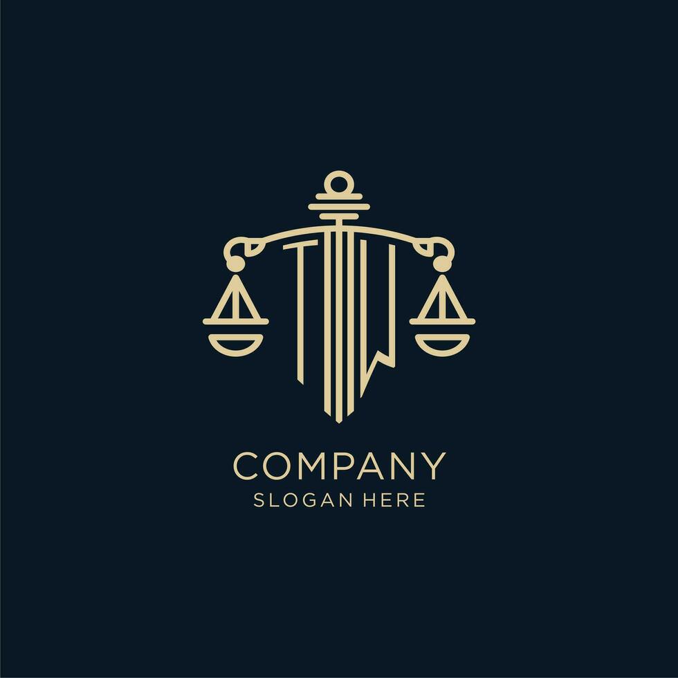 Initial TW logo with shield and scales of justice, luxury and modern law firm logo design vector