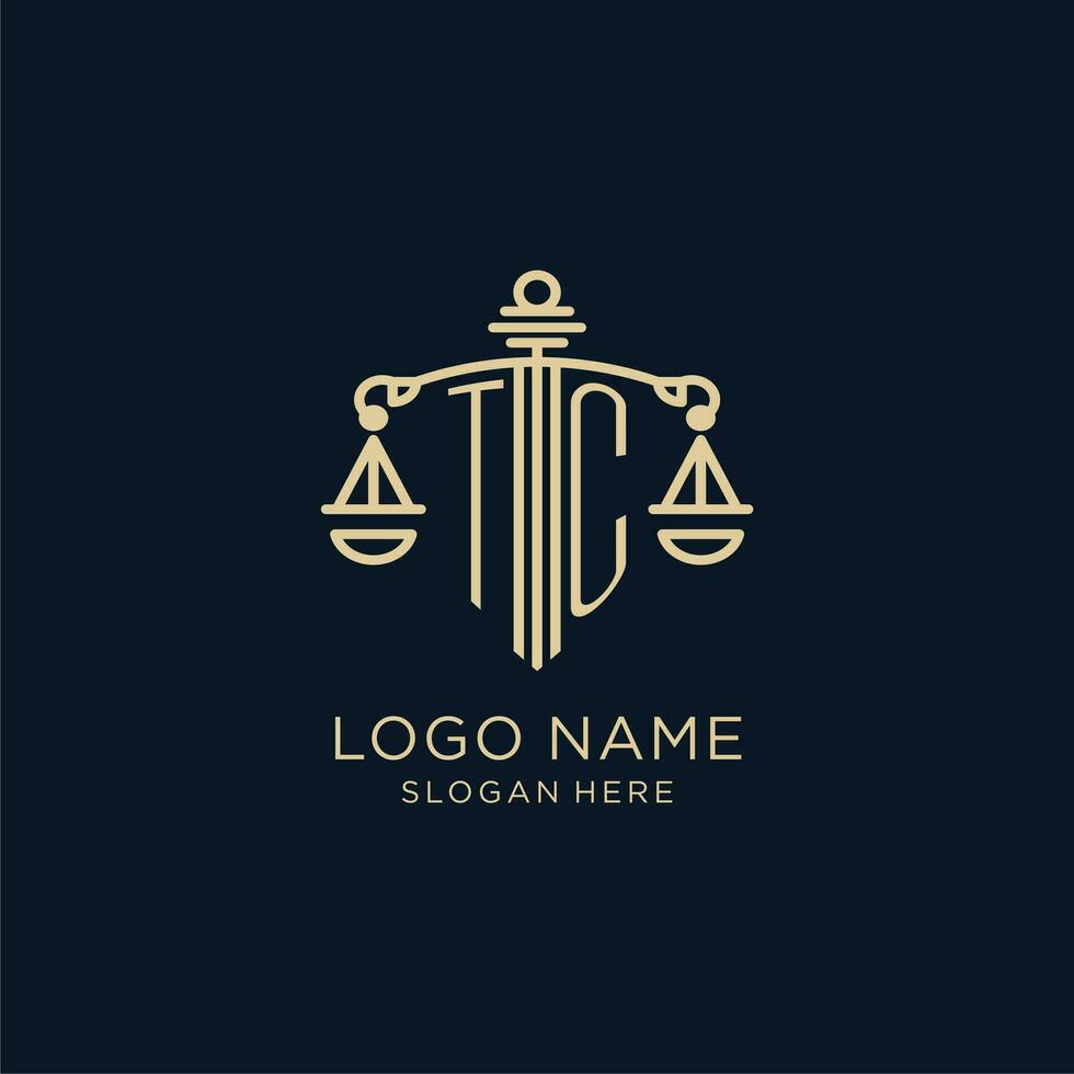 Initial TC logo with shield and scales of justice, luxury and modern law firm logo design vector