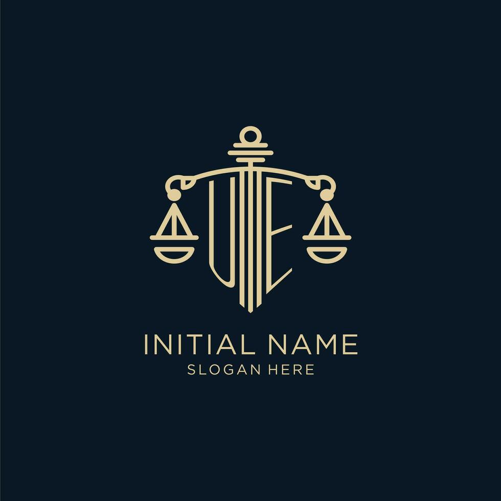 Initial UE logo with shield and scales of justice, luxury and modern law firm logo design vector