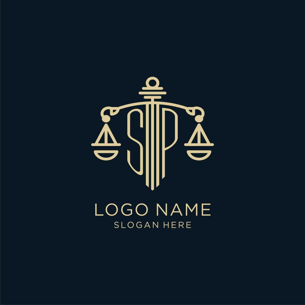 Initial SP logo with shield and scales of justice, luxury and modern law firm logo design vector