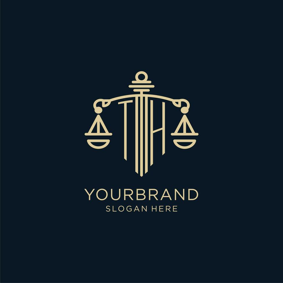 Initial TH logo with shield and scales of justice, luxury and modern law firm logo design vector