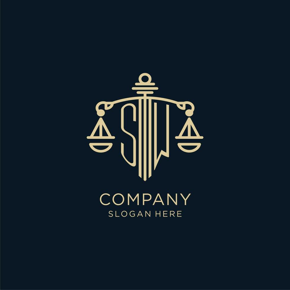 Initial SW logo with shield and scales of justice, luxury and modern law firm logo design vector