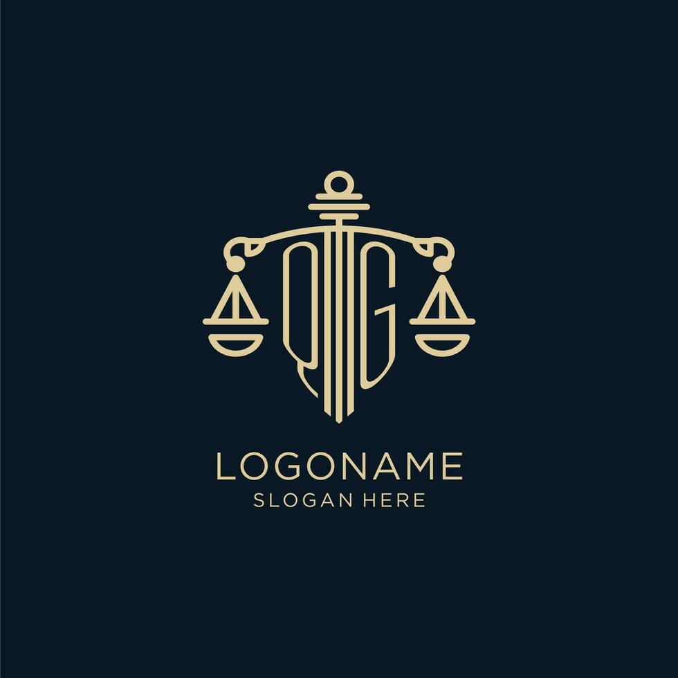 Initial QG logo with shield and scales of justice, luxury and modern law firm logo design vector