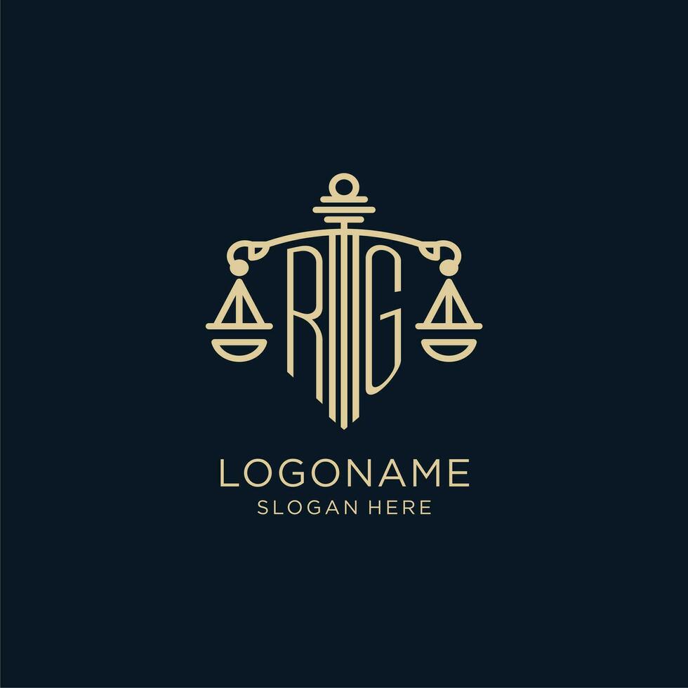 Initial RG logo with shield and scales of justice, luxury and modern law firm logo design vector