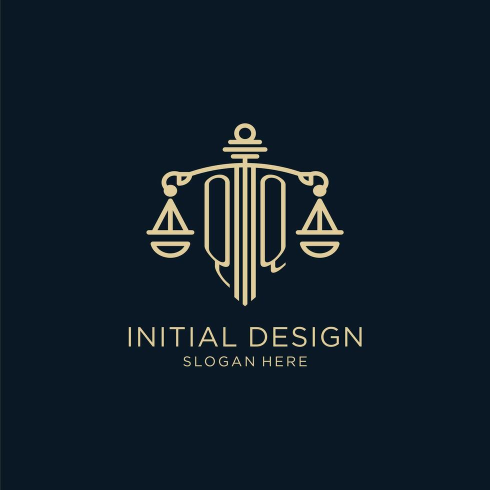 Initial QQ logo with shield and scales of justice, luxury and modern law firm logo design vector