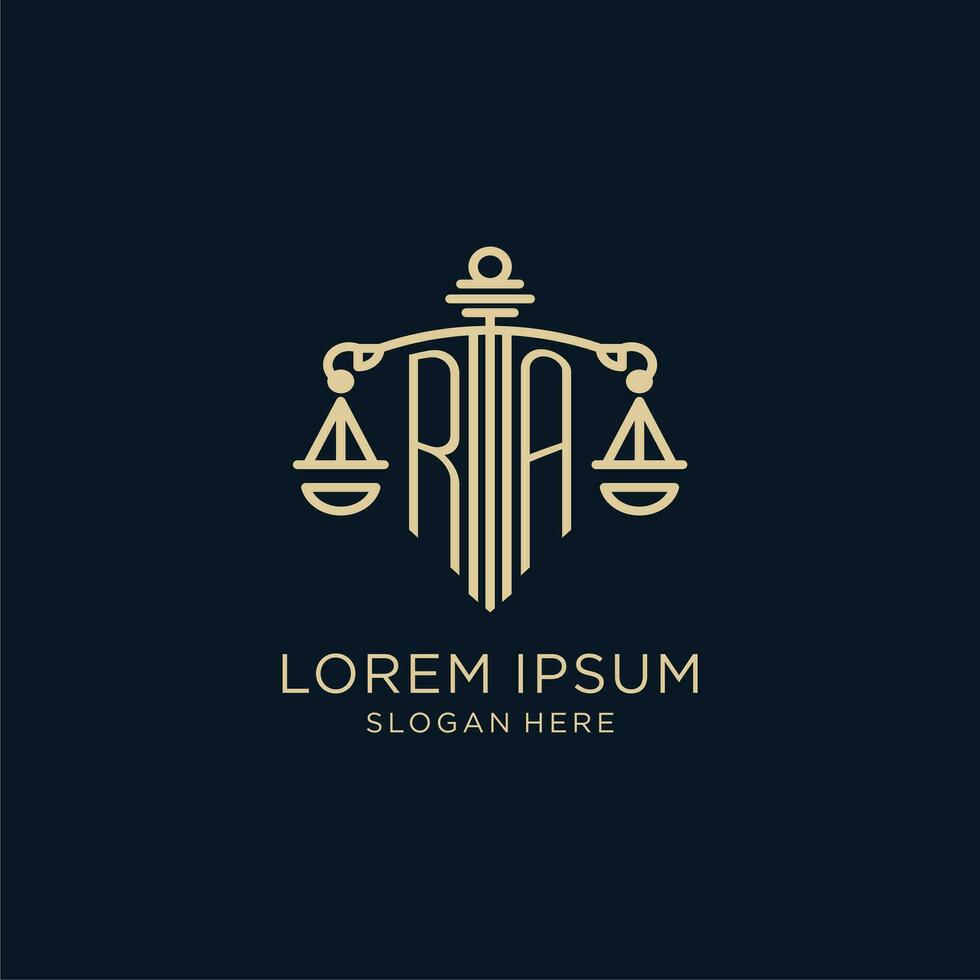 Initial RA logo with shield and scales of justice, luxury and modern law firm logo design vector