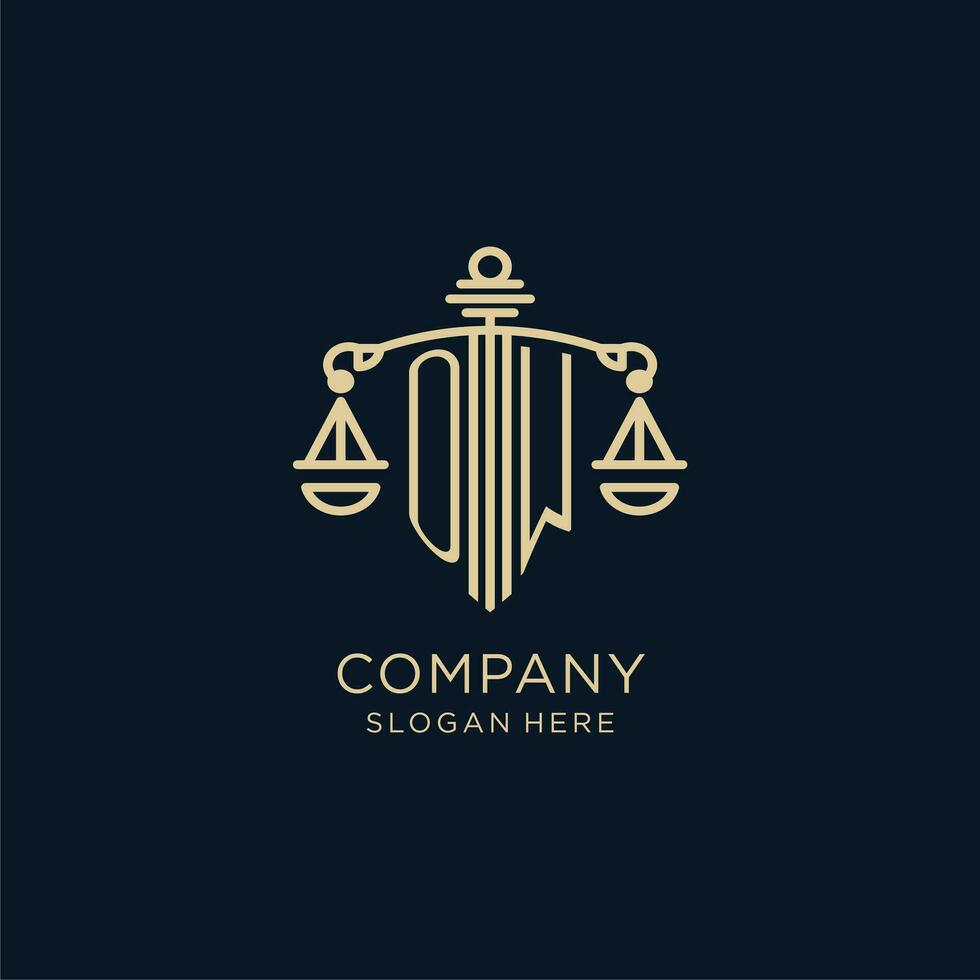 Initial OW logo with shield and scales of justice, luxury and modern law firm logo design vector