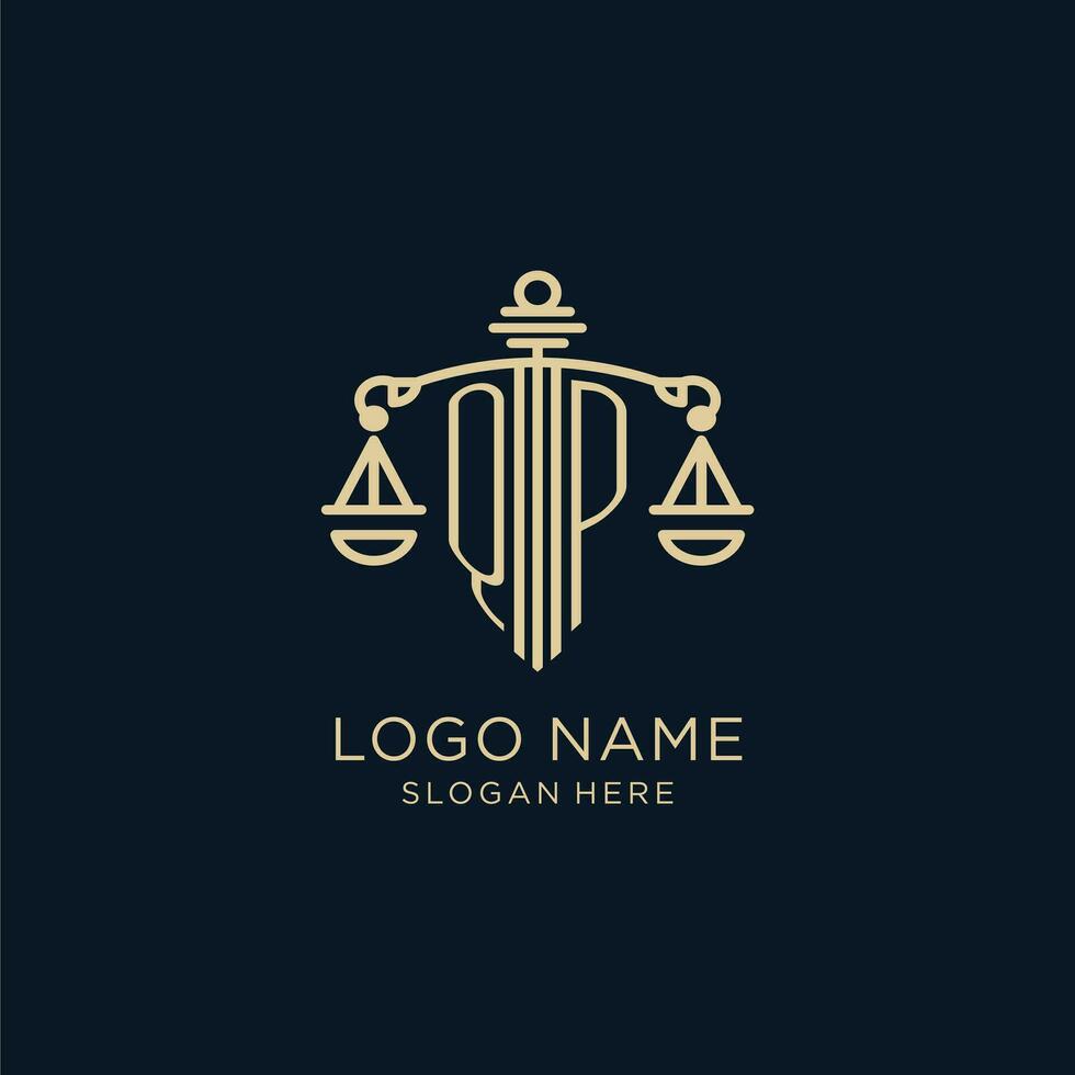 Initial QP logo with shield and scales of justice, luxury and modern law firm logo design vector