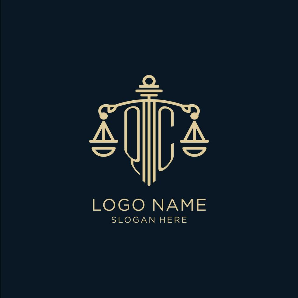 Initial QC logo with shield and scales of justice, luxury and modern law firm logo design vector