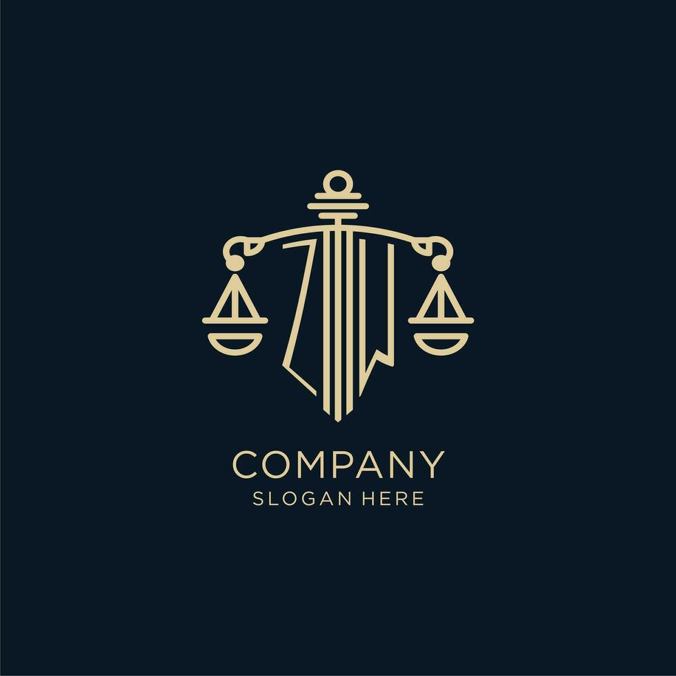 Initial ZW logo with shield and scales of justice, luxury and modern law firm logo design vector