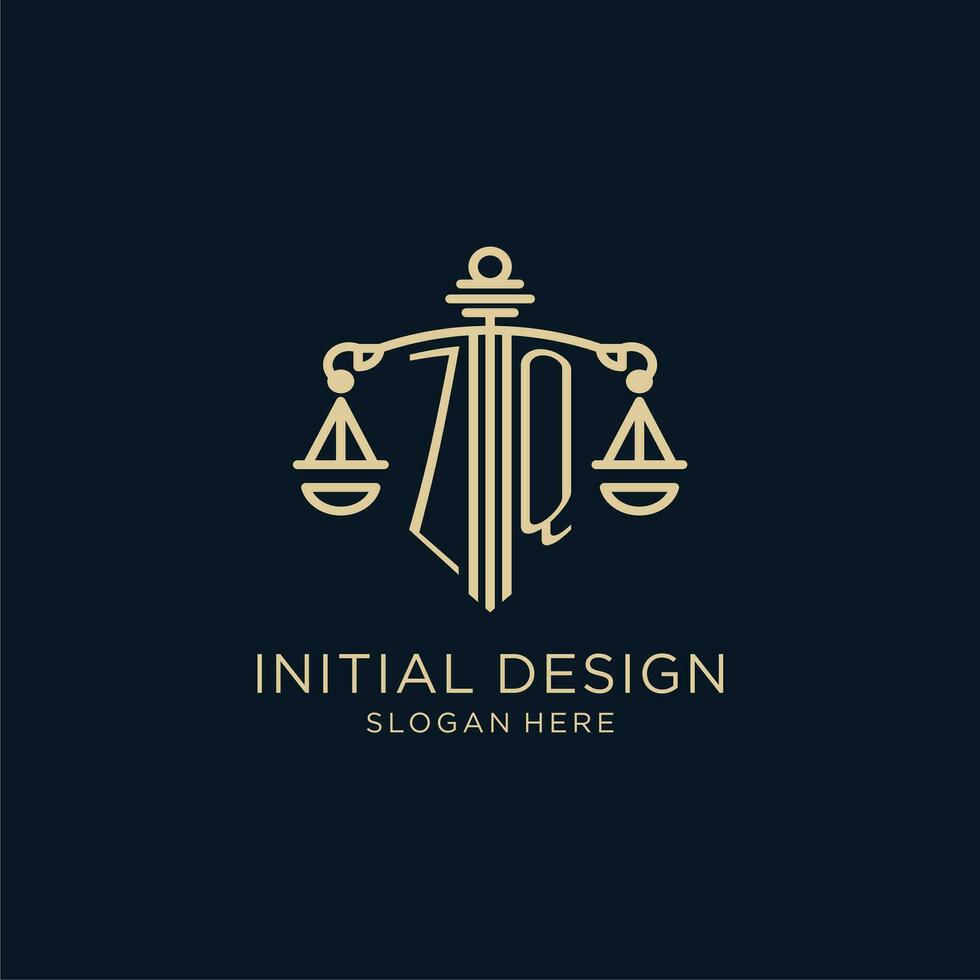 Initial ZQ logo with shield and scales of justice, luxury and modern law firm logo design vector