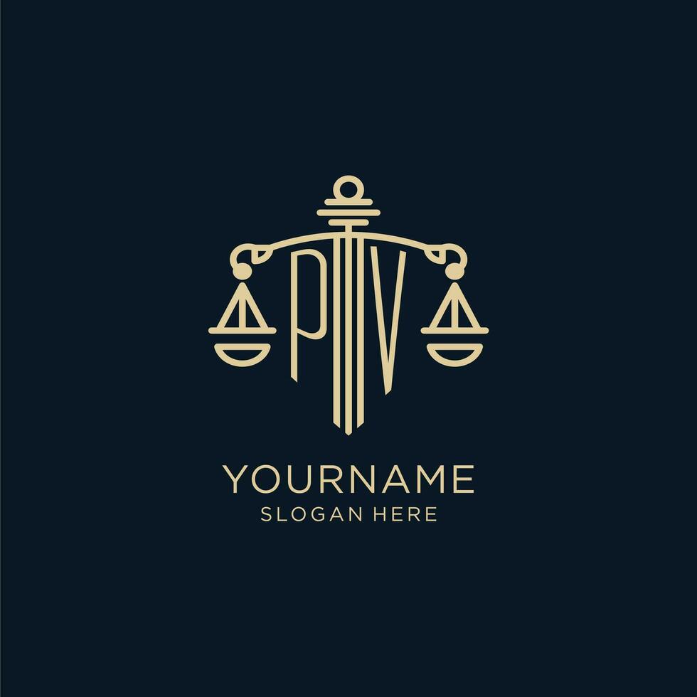 Initial PV logo with shield and scales of justice, luxury and modern law firm logo design vector