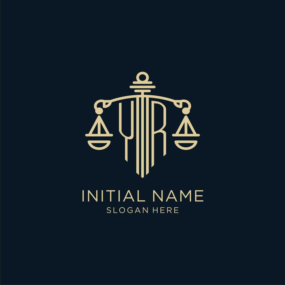 Initial YR logo with shield and scales of justice, luxury and modern law firm logo design vector