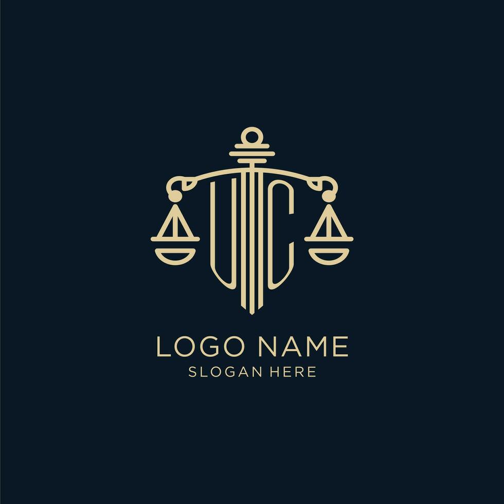 Initial UC logo with shield and scales of justice, luxury and modern law firm logo design vector