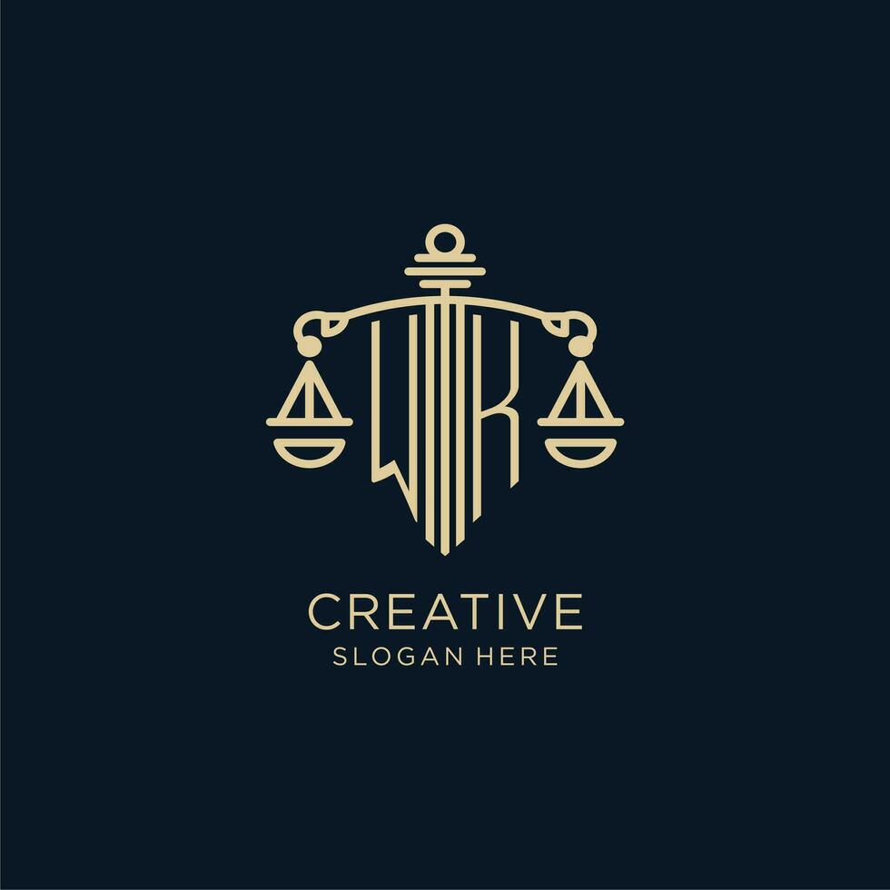 Initial WK logo with shield and scales of justice, luxury and modern law firm logo design vector