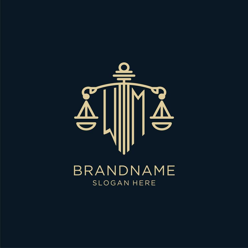 Initial WM logo with shield and scales of justice, luxury and modern law firm logo design vector