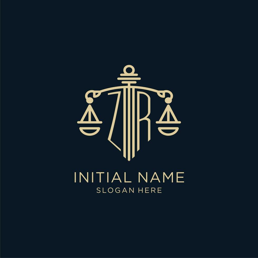 Initial ZR logo with shield and scales of justice, luxury and modern law firm logo design vector