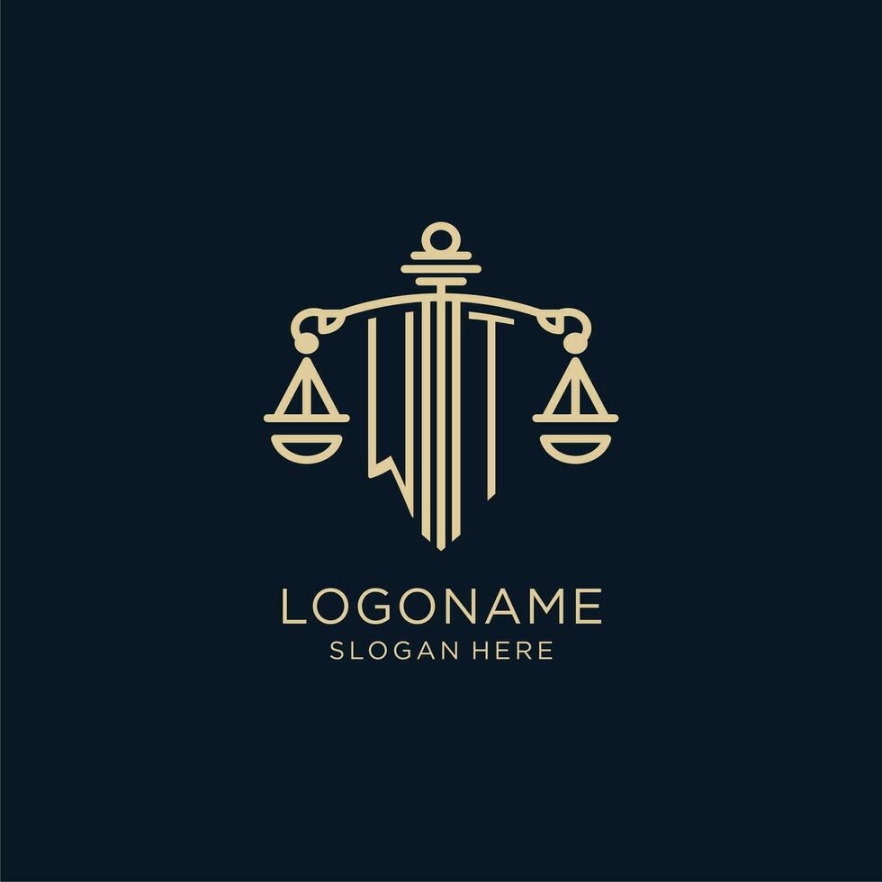 Initial WT logo with shield and scales of justice, luxury and modern law firm logo design vector