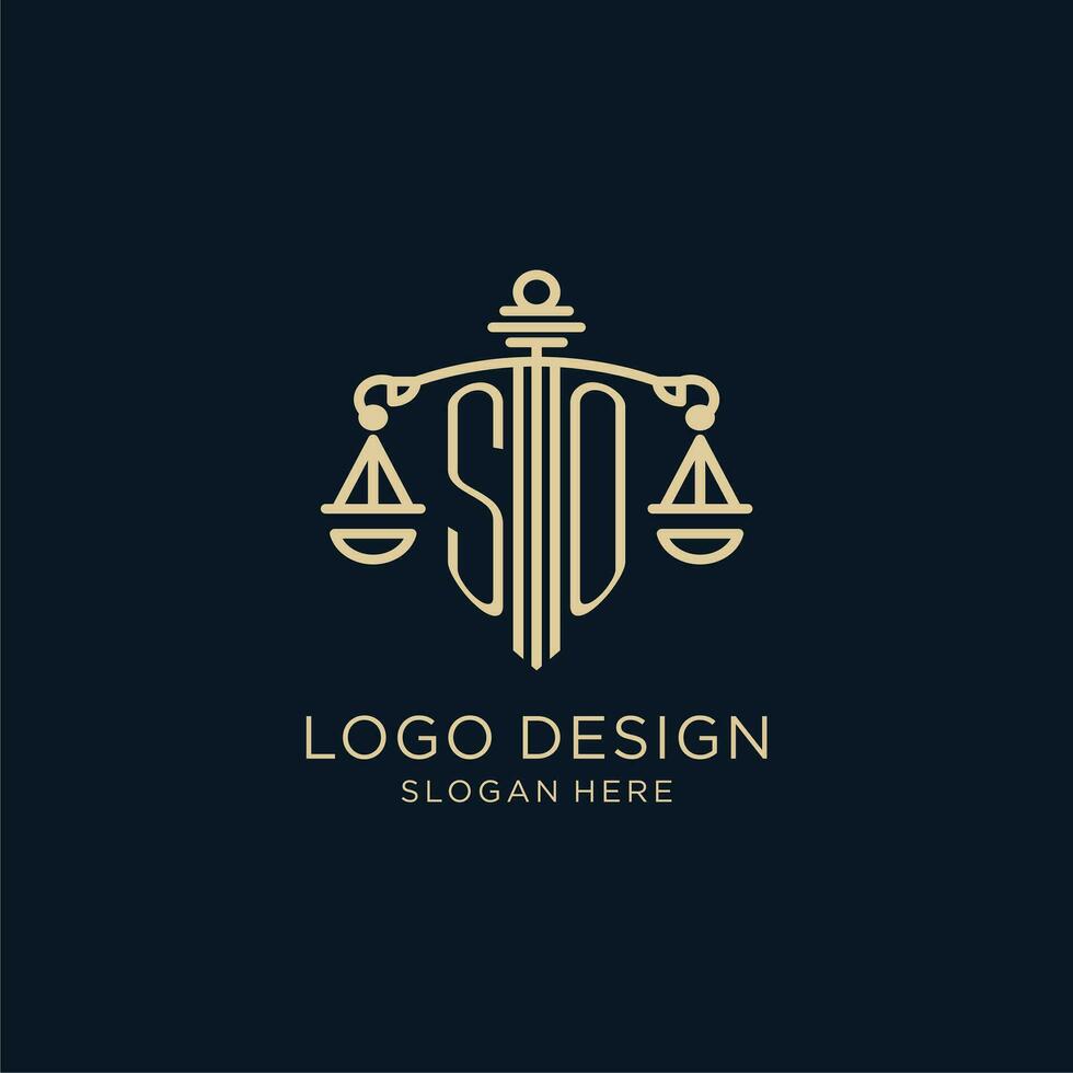 Initial SO logo with shield and scales of justice, luxury and modern law firm logo design vector