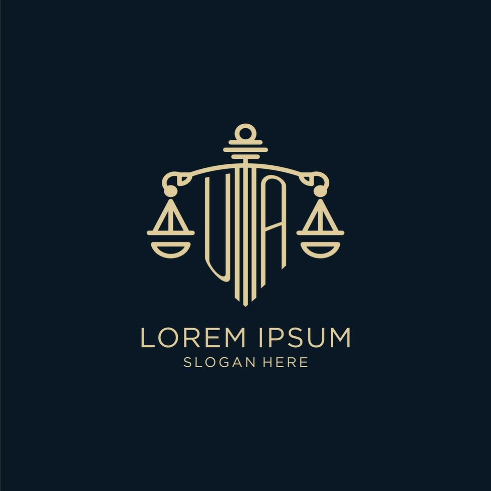 Initial UA logo with shield and scales of justice, luxury and modern law firm logo design vector