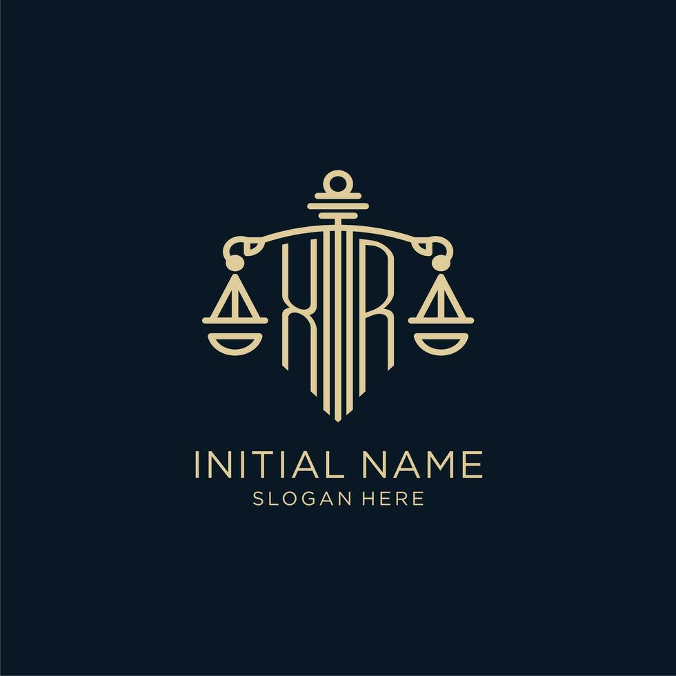 Initial XR logo with shield and scales of justice, luxury and modern law firm logo design vector