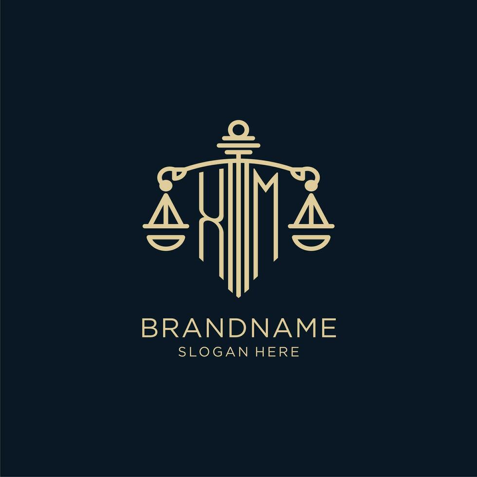 Initial XM logo with shield and scales of justice, luxury and modern law firm logo design vector