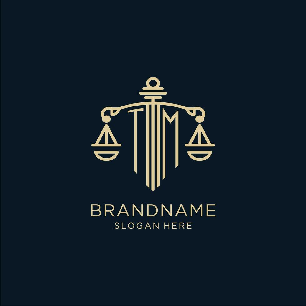 Initial TM logo with shield and scales of justice, luxury and modern law firm logo design vector