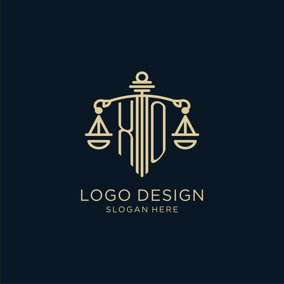 Initial XO logo with shield and scales of justice, luxury and modern law firm logo design vector