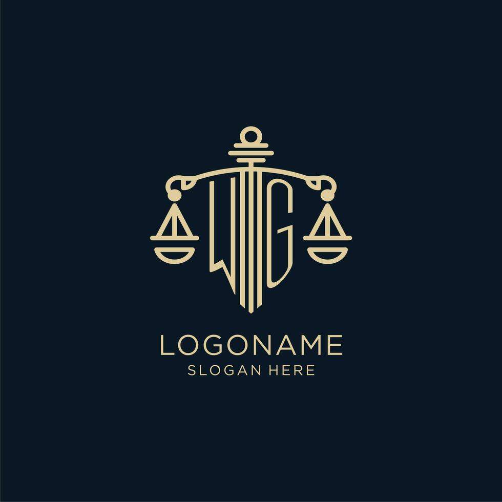 Initial WG logo with shield and scales of justice, luxury and modern law firm logo design vector