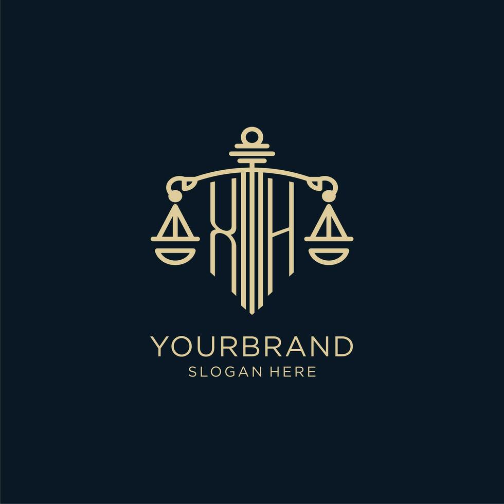 Initial XH logo with shield and scales of justice, luxury and modern law firm logo design vector