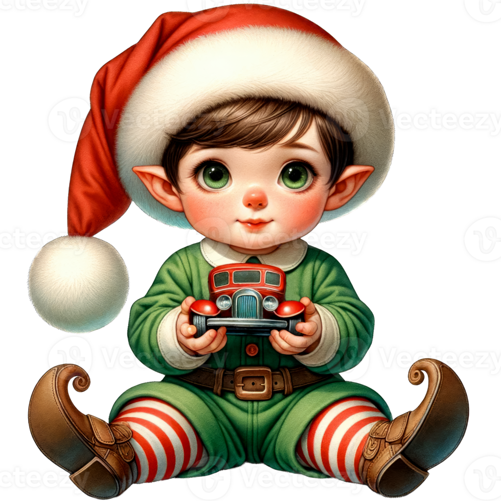 AI generated Watercolor Cute Elf Boy Playing A Toy Car Generative AI png