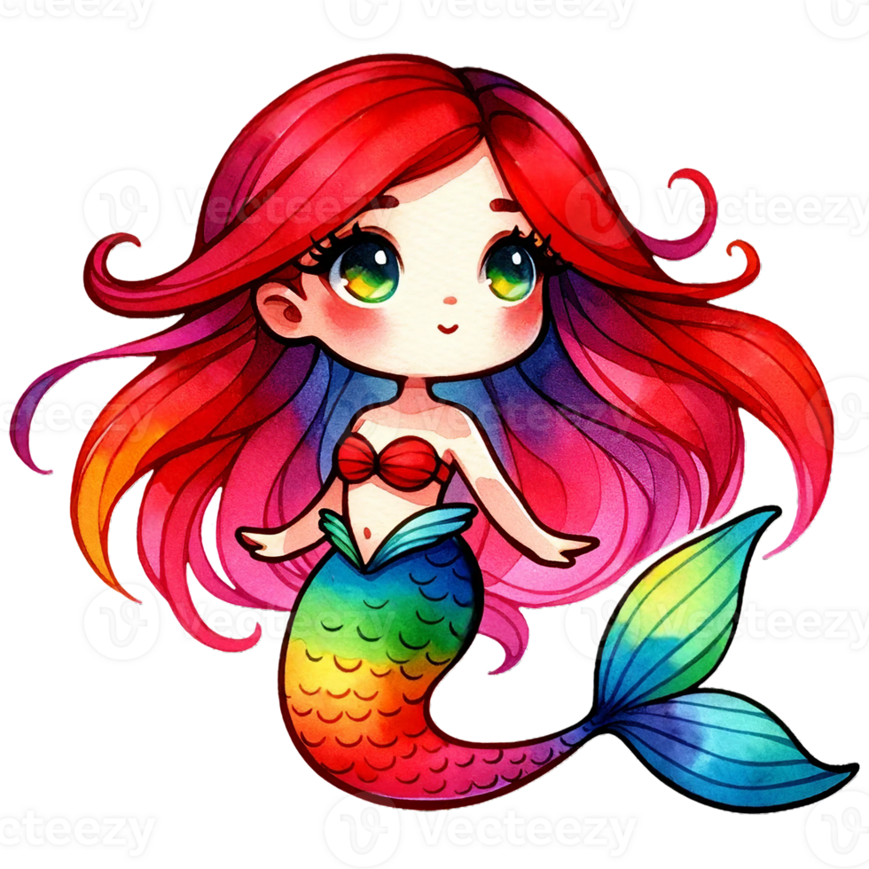 AI generated Watercolor Cute Red-Haired Rainbow Mermaid Generative AI png