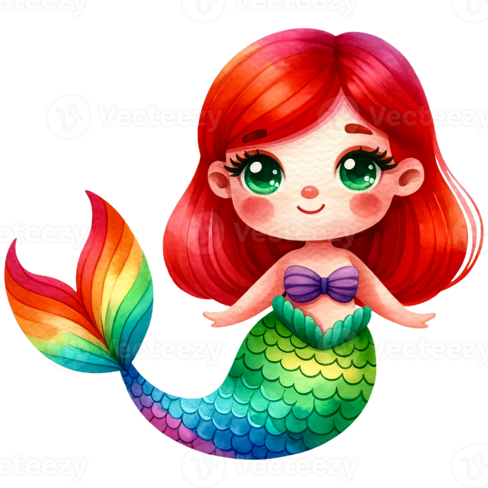 AI generated Watercolor Cute Red-Haired Rainbow Mermaid Generative AI png