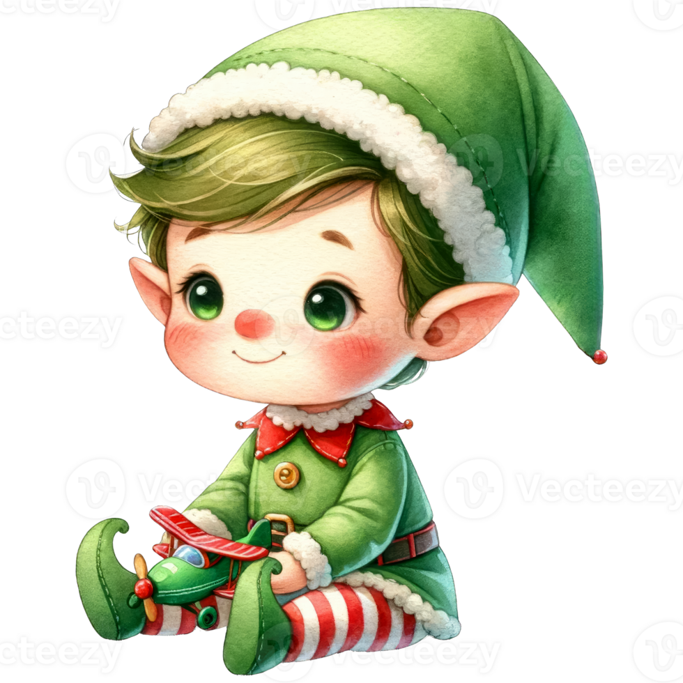 AI generated Watercolor Cute Elf Boy Playing A Toy Plane Generative AI png