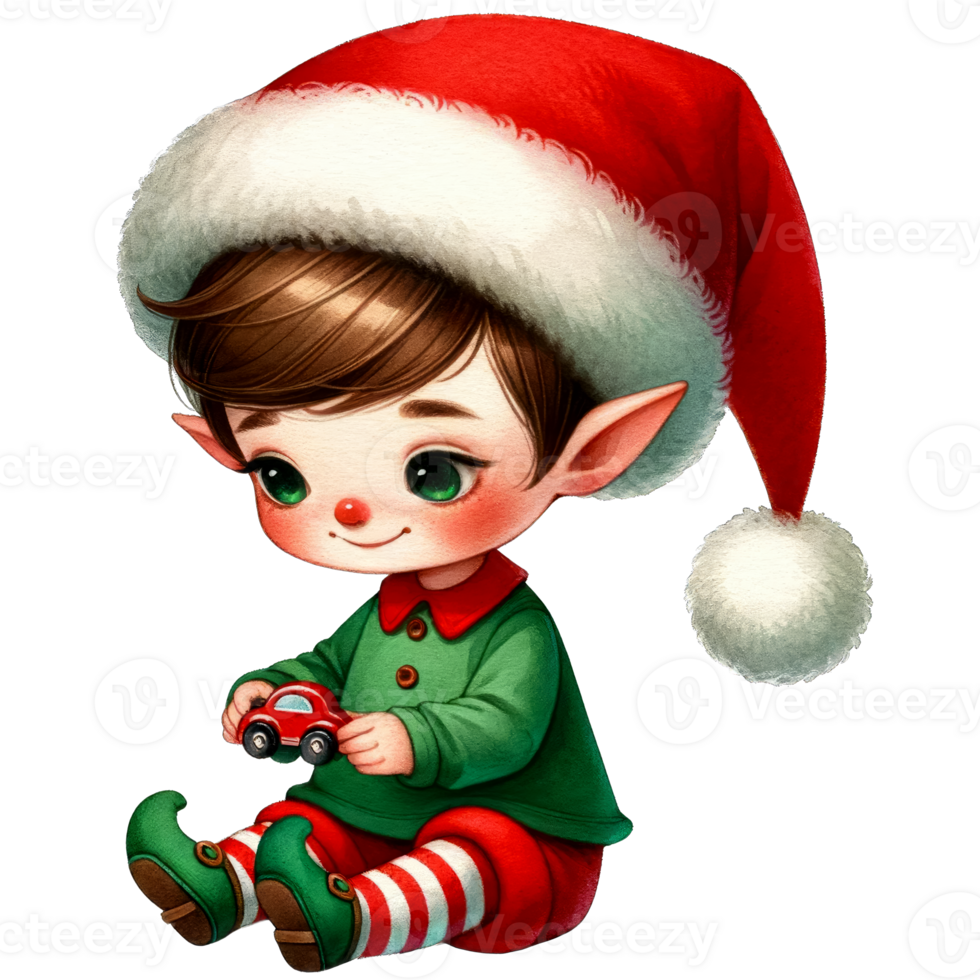 AI generated Watercolor Cute Elf Boy Playing A Toy Car Generative AI png