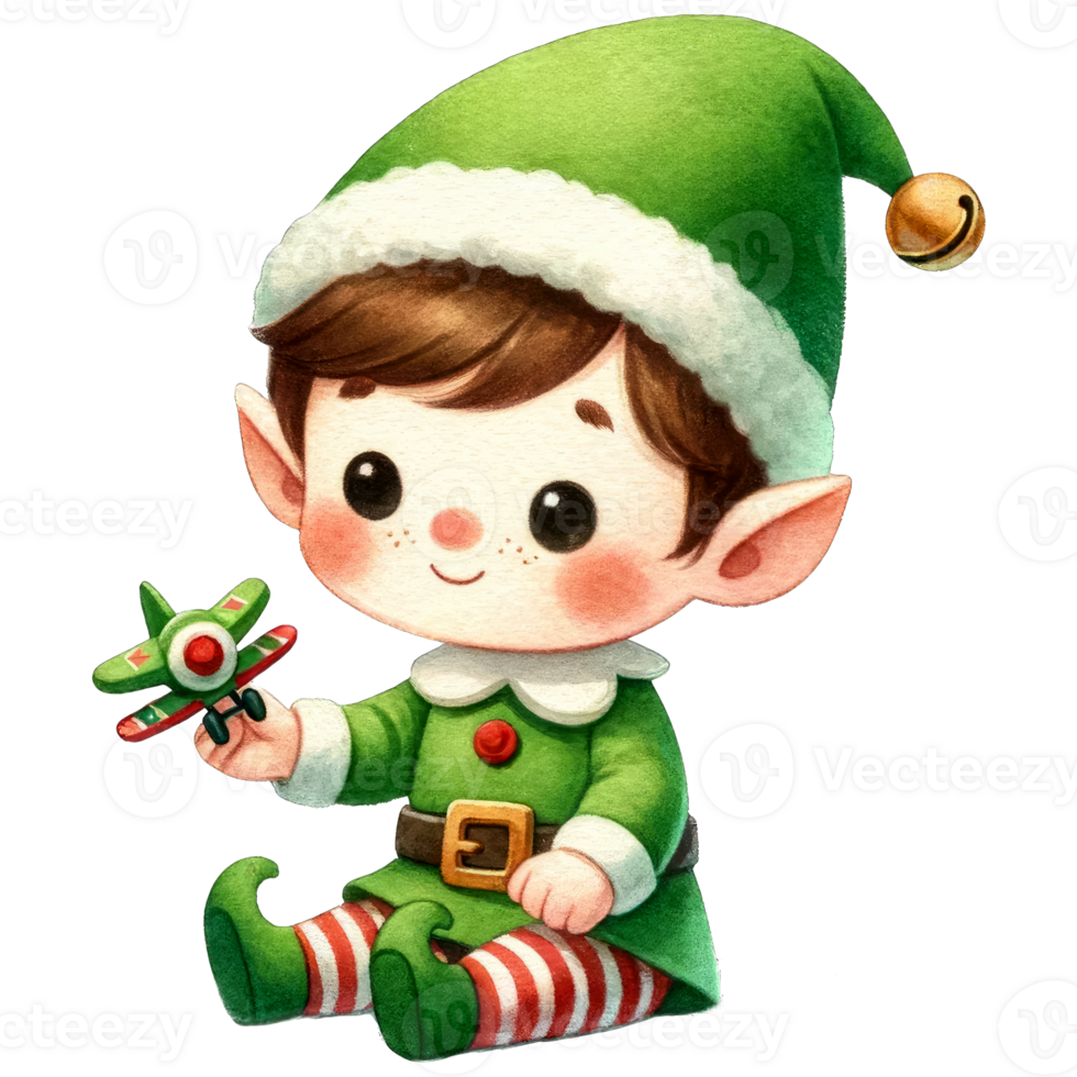 AI generated Watercolor Cute Elf Boy Playing A Toy Plane Generative AI png