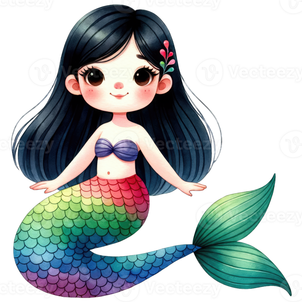AI generated Watercolor Cute Black-Haired Rainbow Mermaid Generative AI png