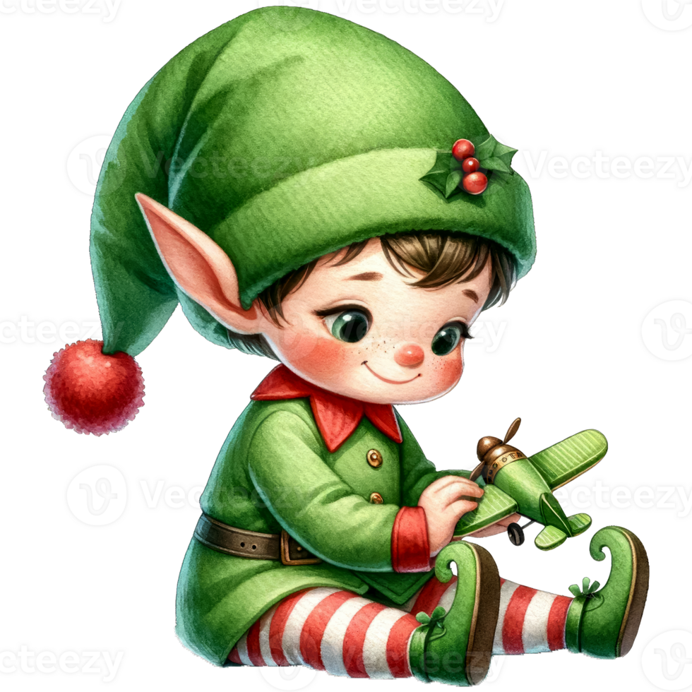 AI generated Watercolor Cute Elf Boy Playing A Toy Plane Generative AI png