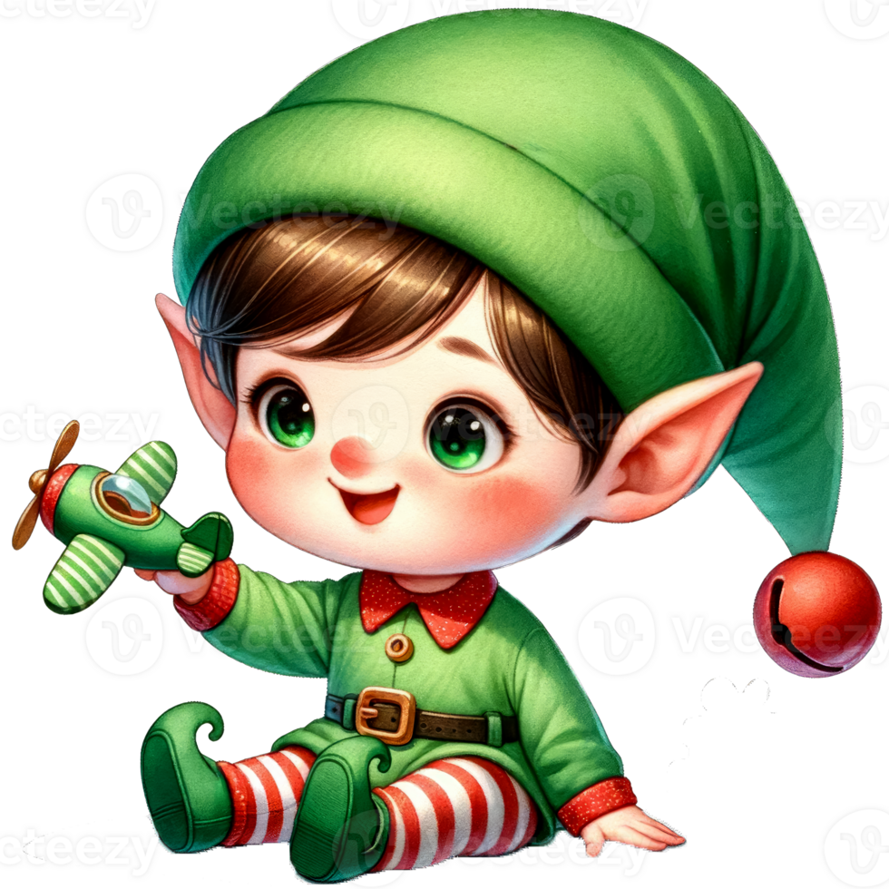 AI generated Watercolor Cute Elf Boy Playing A Toy Plane Generative AI png