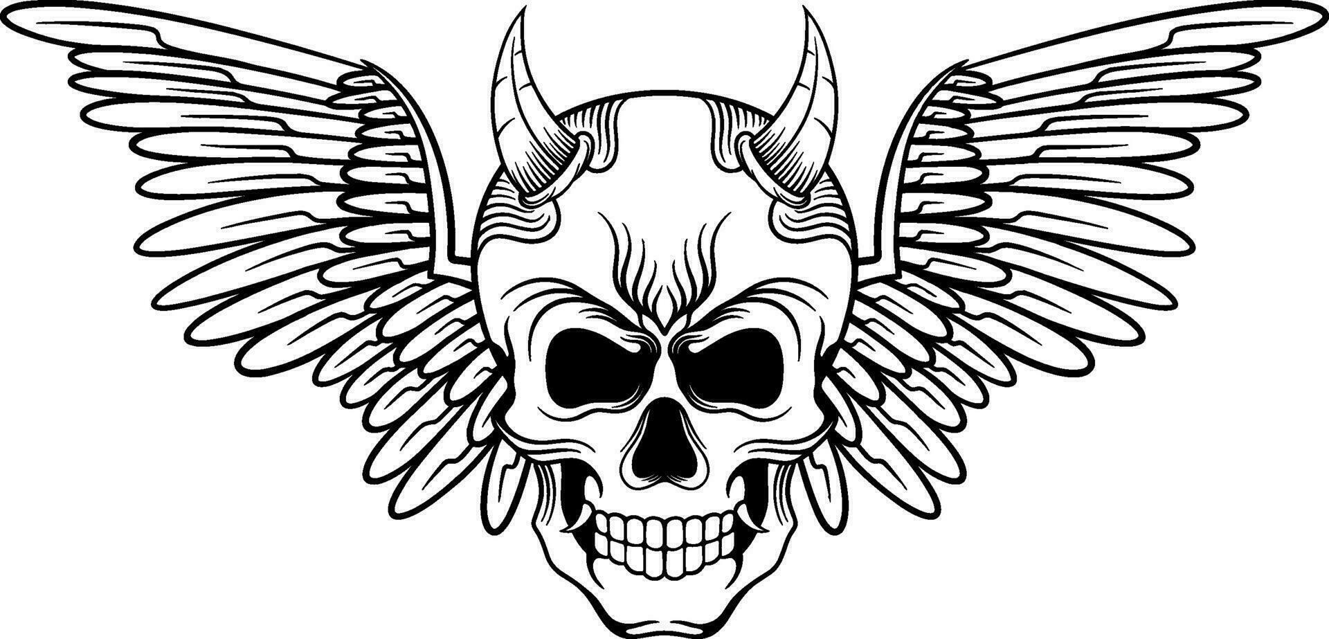 Vector tattoo design black and white hand drawn wings skull